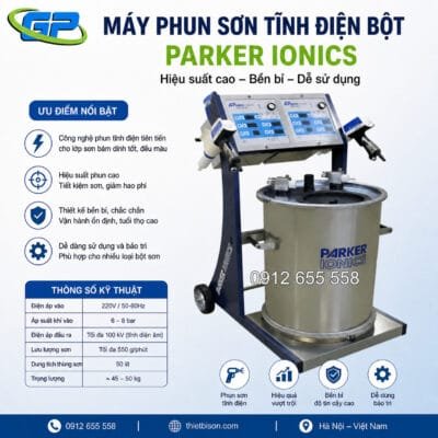 Súng phun sơn tĩnh điện Parker Ionics GX8500 chính hãng, công nghệ Mỹ, phun mịn, bám dính cao, tiết kiệm bột, độ bền cao, phù hợp dây chuyền sơn công nghiệp.