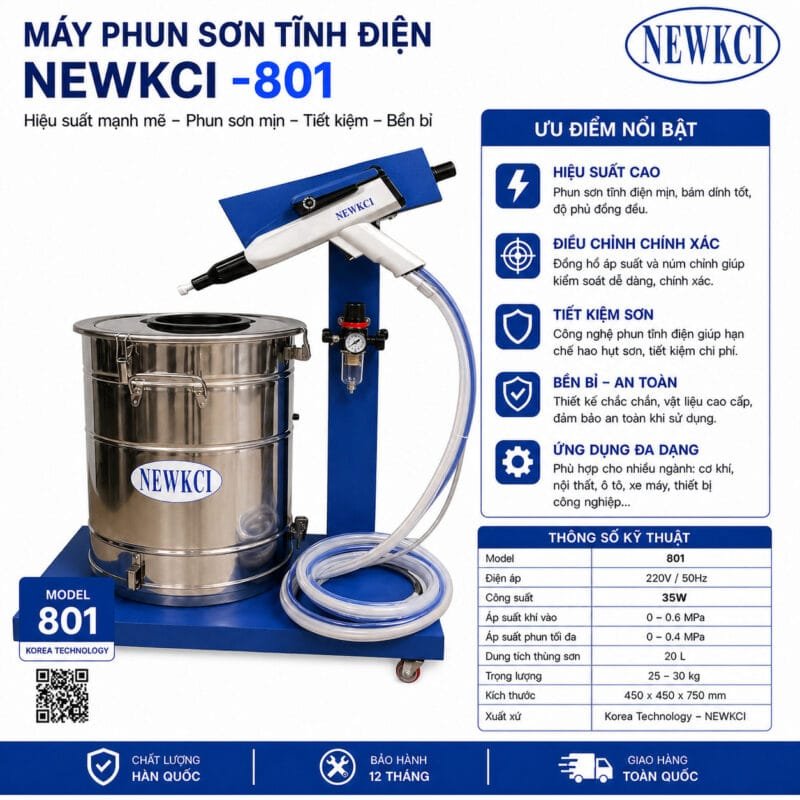 Máy phun sơn tĩnh điện NEWKCI công nghệ hiện đại, vận hành ổn định, cho lớp sơn mịn, bám dính cao và tiết kiệm sơn tối ưu. Thiết bị phù hợp cho sơn kim loại, nội thất và sản xuất công nghiệp, giúp nâng cao chất lượng bề mặt và hiệu suất làm việc.
