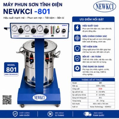 Súng phun sơn tĩnh điện NEWKCI thiết kế hiện đại, cầm tay tiện lợi, cho khả năng phun sơn mịn, bám dính cao và tiết kiệm vật liệu hiệu quả. Sản phẩm phù hợp cho sơn kim loại, nội thất và gia công cơ khí, giúp nâng cao chất lượng bề mặt và tối ưu hiệu suất sản xuất.