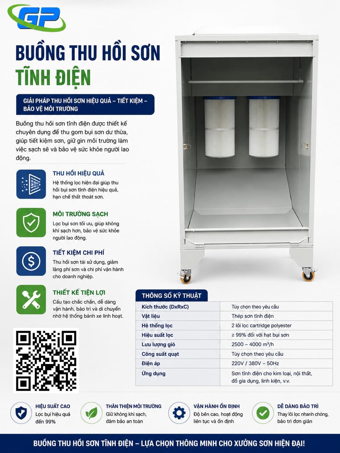 Buồng phun sơn Buồng thu hồi sơn tĩnh điện là thiết bị chuyên dụng trong hệ thống sơn công nghiệp, hỗ trợ thu hồi bụi sơn hiệu quả và giảm thất thoát nguyên liệu. Sản phẩm được trang bị hệ thống lọc cartridge polyester với hiệu suất lọc cao lên đến 99%, giúp giữ không khí sạch và bảo vệ sức khỏe người lao động. Thiết kế chắc chắn, dễ vận hành và bảo trì, phù hợp cho xưởng cơ khí, nội thất, kim loại, ô tô và nhiều ngành công nghiệp khác. Buồng thu hồi sơn giúp tối ưu chi phí vận hành, nâng cao hiệu quả sản xuất và đáp ứng tiêu chuẩn môi trường hiện đại.