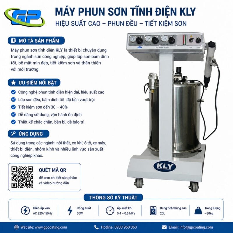 Máy phun sơn tĩnh điện KLY -8002 cho khả năng phun đều, tiết kiệm sơn tối ưu, vận hành ổn định, phù hợp cho nhiều ngành công nghiệp.