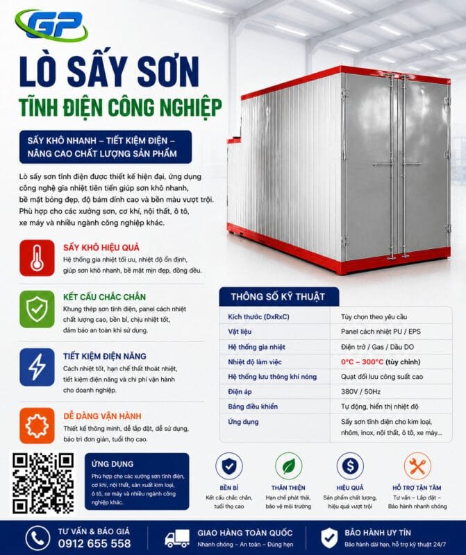 Lò Sấy Sơn tĩnh điện Lò sấy sơn tĩnh điện là thiết bị chuyên dụng trong ngành sơn công nghiệp, giúp quá trình sấy khô diễn ra nhanh chóng và đồng đều. Sản phẩm được thiết kế với panel cách nhiệt chất lượng cao, khả năng giữ nhiệt ổn định và tiết kiệm điện năng hiệu quả. Lò phù hợp cho xưởng cơ khí, nội thất, gara ô tô và nhà máy sản xuất công nghiệp, giúp bề mặt sơn bền màu, tăng độ bám dính và nâng cao chất lượng thành phẩm.