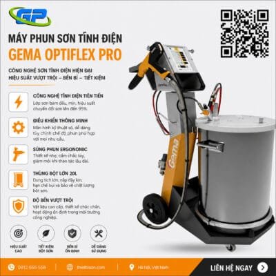 Súng phun sơn tĩnh điện Gema Switzerland cho hiệu suất phun ổn định, tiết kiệm bột, lớp phủ mịn đẹp và độ bền cao, phù hợp cho mọi ứng dụng sơn công nghiệp.