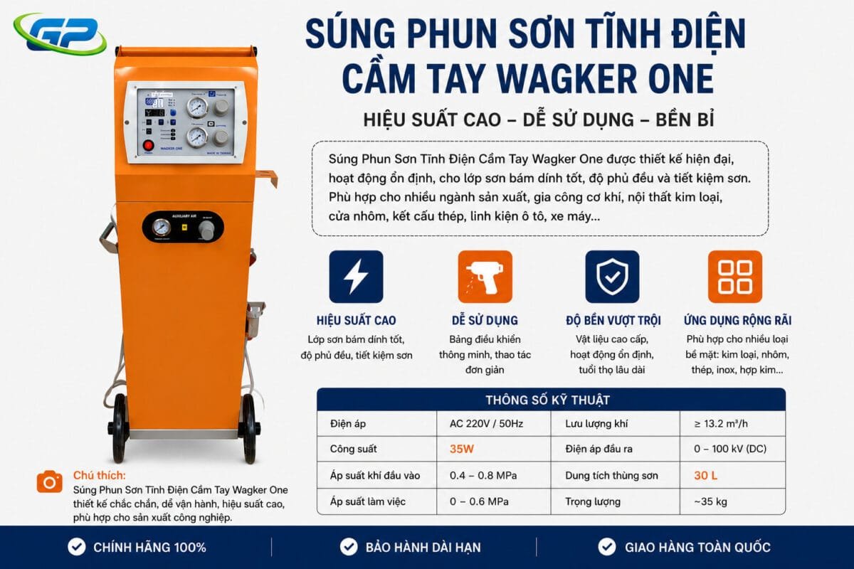 Súng Sơn Tĩnh Điện Công Nghiệp Chính Hãng Giá Tốt Súng phun sơn tĩnh điện cầm tay Wagker One chính hãng, độ bám cao, phủ đều, tiết kiệm sơn và dễ sử dụng. Phù hợp sơn kim loại, cơ khí và công nghiệp.