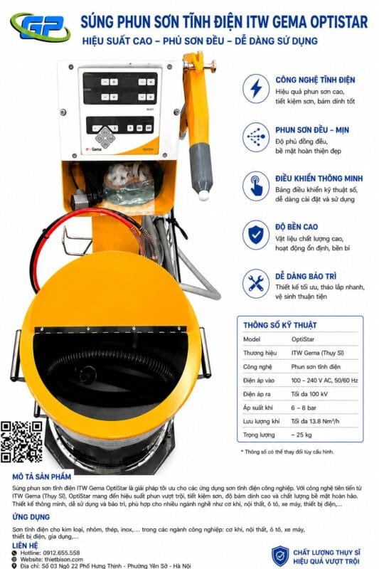 Máy phun sơn tĩnh điện ITW Gema chính hãng ứng dụng công nghệ Thụy Sĩ hiện đại, cho hiệu suất phun cao, lớp sơn mịn đều và độ bám dính vượt trội. Thiết bị vận hành ổn định, tiết kiệm sơn, phù hợp cho các ngành cơ khí, kim loại, inox và sản xuất công nghiệp.