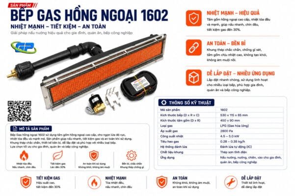 Bếp Gas Hồng Ngoại 1602A nhiệt mạnh, tiết kiệm gas, phù hợp lò sấy sơn tĩnh điện, lò nướng công nghiệp, máy rang cà phê và sấy nông sản