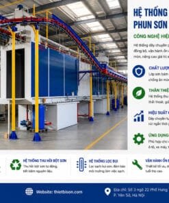 Hệ thống dây chuyền phun sơn tĩnh điện tự động với công nghệ hiện đại giúp tạo lớp sơn bền đẹp, chống ăn mòn và tối ưu chi phí sản xuất. Giải pháp phù hợp cho cơ khí, nội thất, ô tô, xe máy và thiết bị công nghiệp.