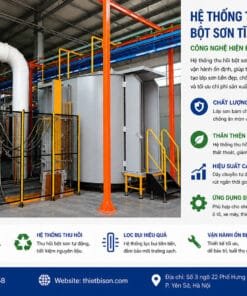 Hệ thống thu hồi bột sơn tĩnh điện hiện đại giúp tái sử dụng bột sơn hiệu quả, giảm thất thoát nguyên liệu và tối ưu chi phí sản xuất. Công nghệ lọc bụi tiên tiến, vận hành ổn định và thân thiện với môi trường.