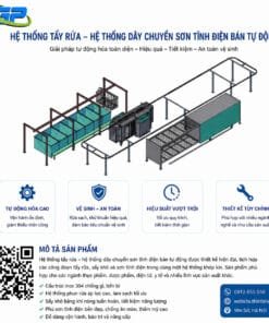 Dây chuyền sơn tĩnh điện bán tự động tích hợp hệ thống tẩy rửa, sấy và phun sơn hiện đại. Giải pháp tối ưu năng suất, tiết kiệm chi phí và đảm bảo chất lượng sản phẩm bền đẹp.