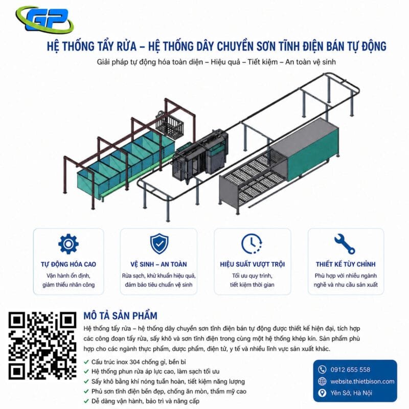Dây chuyền sơn tĩnh điện bán tự động tích hợp hệ thống tẩy rửa, sấy và phun sơn hiện đại. Giải pháp tối ưu năng suất, tiết kiệm chi phí và đảm bảo chất lượng sản phẩm bền đẹp.