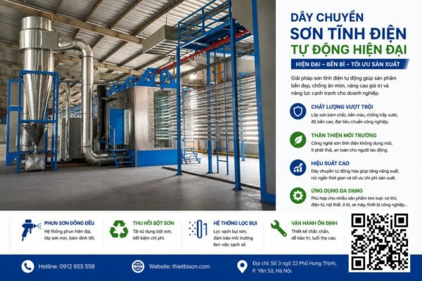 Dây chuyền sơn tĩnh điện tự động hiện đại giúp nâng cao chất lượng lớp sơn, chống ăn mòn, tiết kiệm chi phí và tối ưu năng suất sản xuất. Hệ thống phù hợp cho cơ khí, nội thất, điện tử, ô tô và nhiều ngành công nghiệp khác.