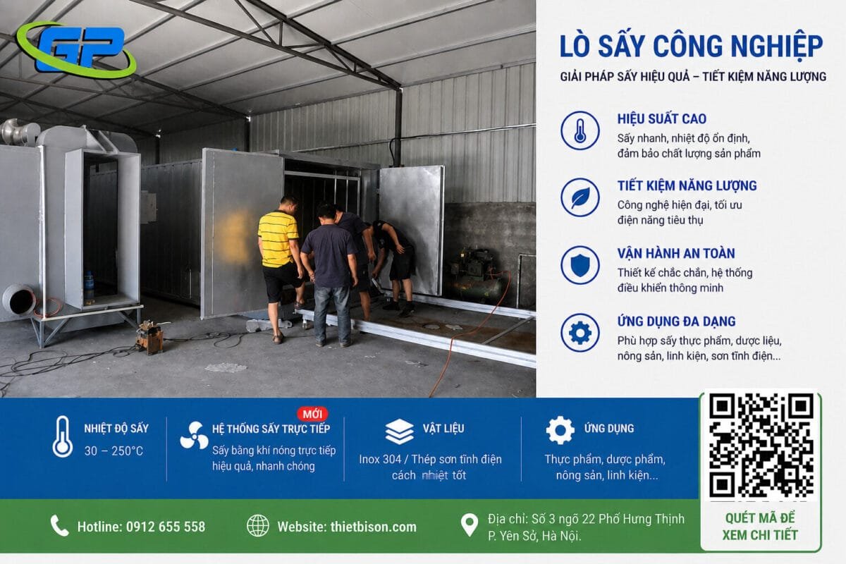 hiết bị lò sấy công nghiệp ứng dụng công nghệ sấy trực tiếp, kiểm soát nhiệt chính xác 30–250°C. Tối ưu hiệu suất, giảm tiêu hao năng lượng, phù hợp nhiều lĩnh vực sản xuất.