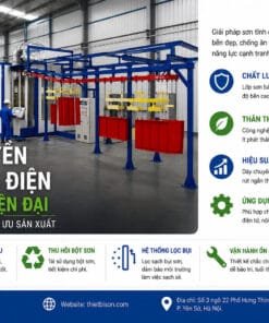 Hệ thống sơn tĩnh điện tự động hiện đại giúp nâng cao chất lượng lớp sơn, chống ăn mòn, tiết kiệm chi phí và tối ưu năng suất sản xuất. Giải pháp phù hợp cho ngành cơ khí, nội thất, điện tử, ô tô và thiết bị công nghiệp.