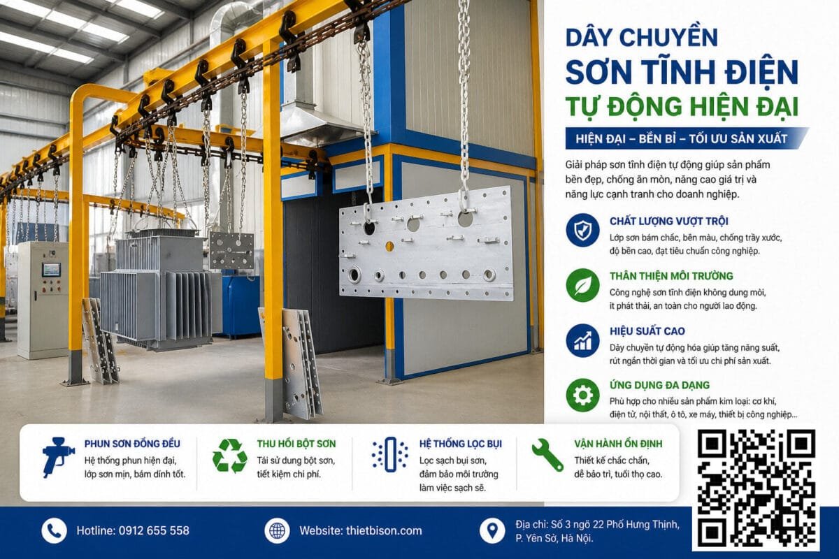 Dây chuyền sơn tĩnh điện tự động hiện đại giúp tạo lớp sơn bền đẹp, chống ăn mòn, tiết kiệm chi phí và tối ưu sản xuất. Hệ thống vận hành ổn định, phù hợp cho cơ khí, điện tử, nội thất, ô tô và nhiều ngành công nghiệp khác.