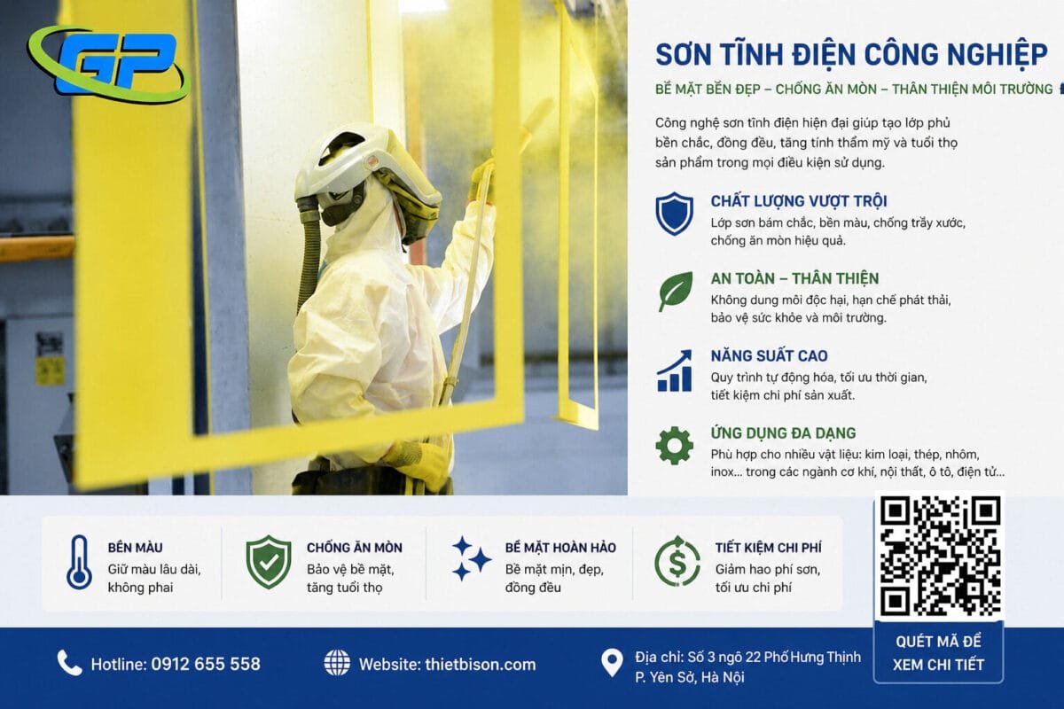 ông nghệ sơn tĩnh điện hiện đại giúp lớp phủ bền chắc, chống ăn mòn và thân thiện môi trường. Giải pháp tối ưu chi phí, nâng cao chất lượng sản phẩm cho doanh nghiệp.
