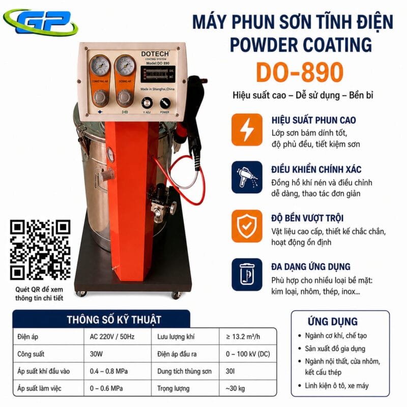 Súng phun sơn tĩnh điện cầm tay Dotech D-890 chính hãng, thiết kế gọn nhẹ, phun đều, độ bám cao, tiết kiệm sơn. Phù hợp sơn kim loại, cơ khí và công nghiệp.